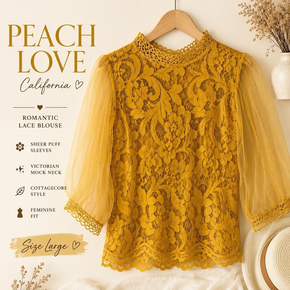 Peach Love California Mustard Yellow Lace Puff Sleeve Mock Neck Blouse Women's L